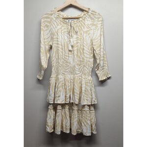 Patrons Of Peace Mini Dress Women Size S Cream Zebra Ruffles 3/4 Sleeve Casual